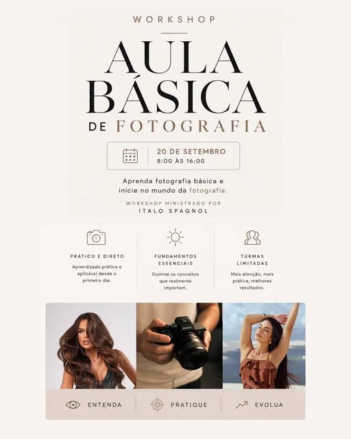 Arte do workshop Aula Básica de Fotografia, dia 20 de setembro, das 8h às 16h.